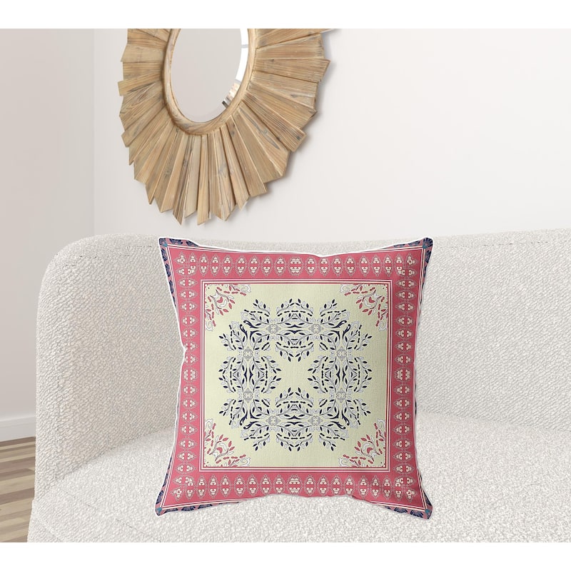 HomeRoots 26" X 26" Cream And Pink Blown Seam Floral Indoor Outdoor Throw Pillow