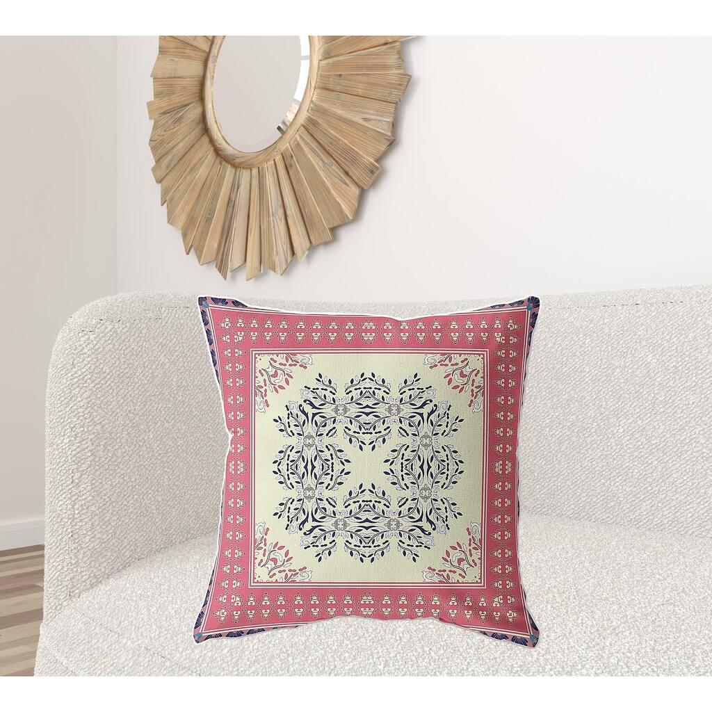 HomeRoots 26" X 26" Cream And Pink Blown Seam Floral Indoor Outdoor Throw Pillow