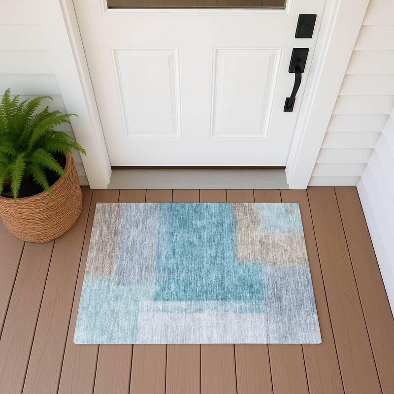 Machine Washable Indoor/ Outdoor Solid Contemporary Chantille Rug - Teal - 1'8" x 2'6"