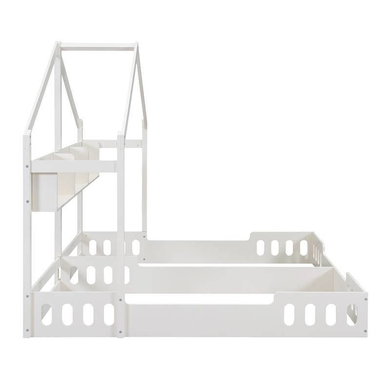 Roomfitters Wood Twin Size House Platform Beds with Two Shared Frames, Shelves and Guardrail, White