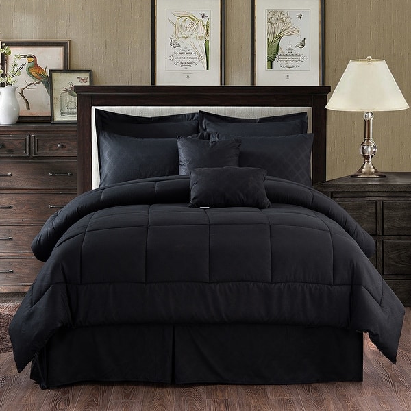 Luxurious 10 Piece Comforter Set Plaid Design Bed In A bag - Black - King