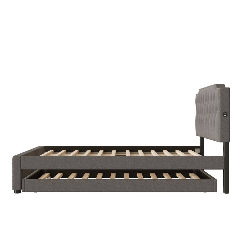 Linen Upholstered Platform Bed Button-Tufted Headboard Wood Panel Bed Frame with 2 Drawers or Trundle Bed, USB on Both Sides
