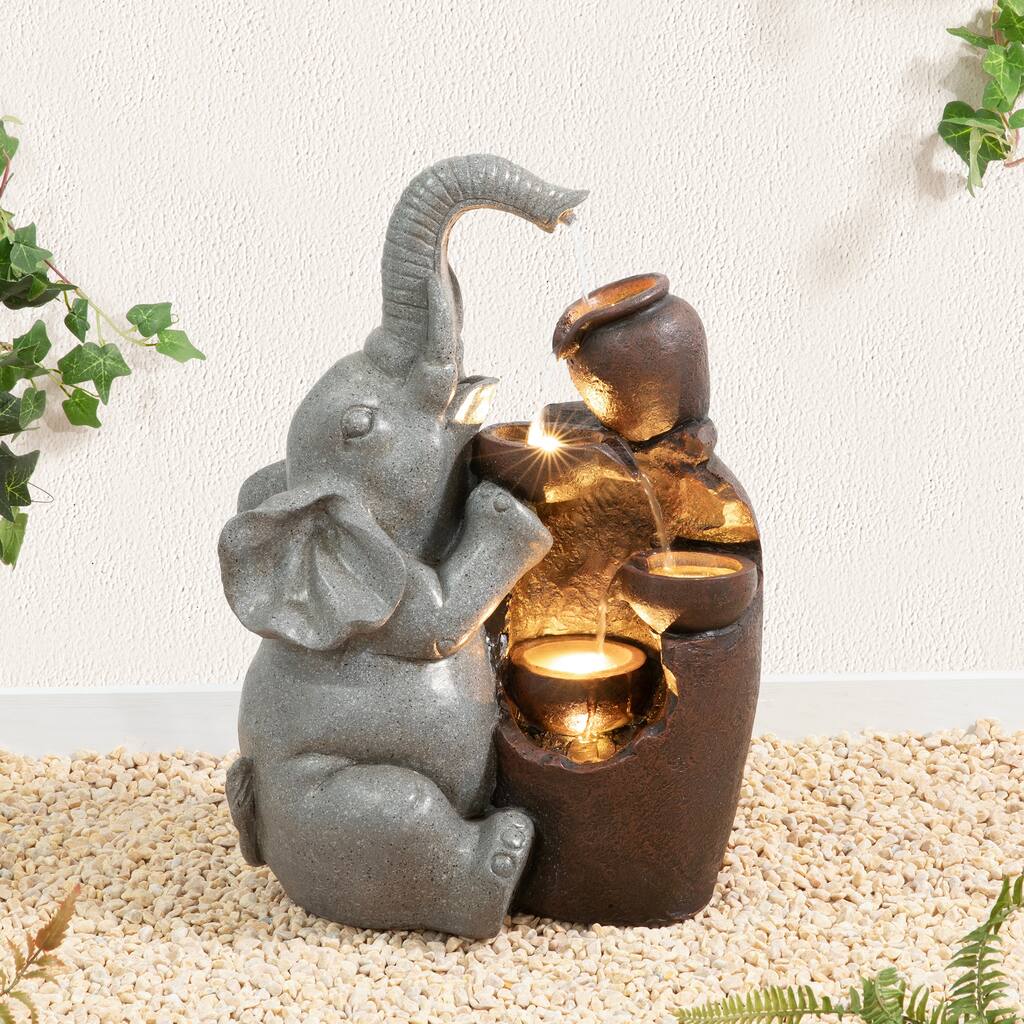Glitzhome 4-Tiered Dogs or Elephant and Pot Polyresin Outdoor Fountain with Pump and LED Light