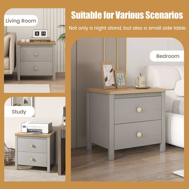Gymax 2 PCS Nightstand Farmhouse Side End Table w/ Solid Wood Legs & 2