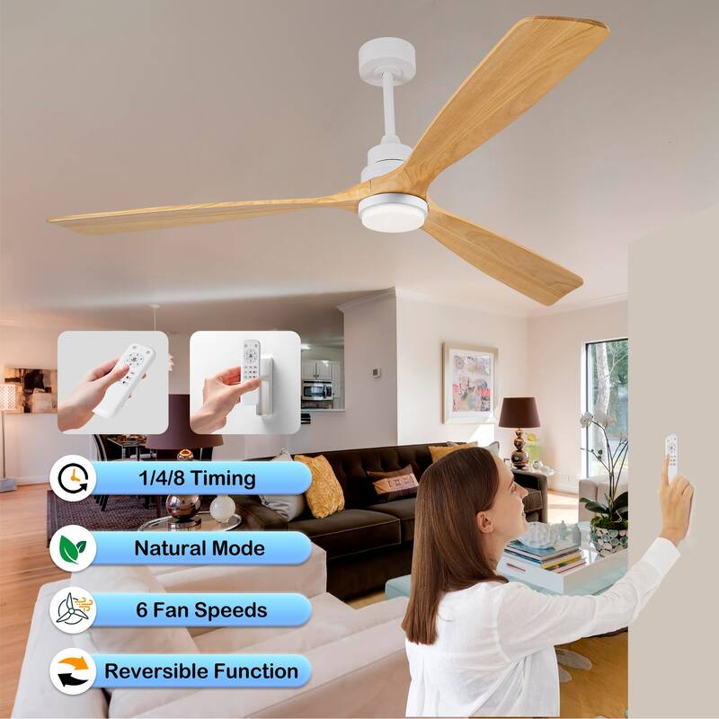 72 Inch Modern Ceiling Fan With 3 Color Dimmable 3 Solide Wood Blades Remote Control Reversible DC Motor With LED Light
