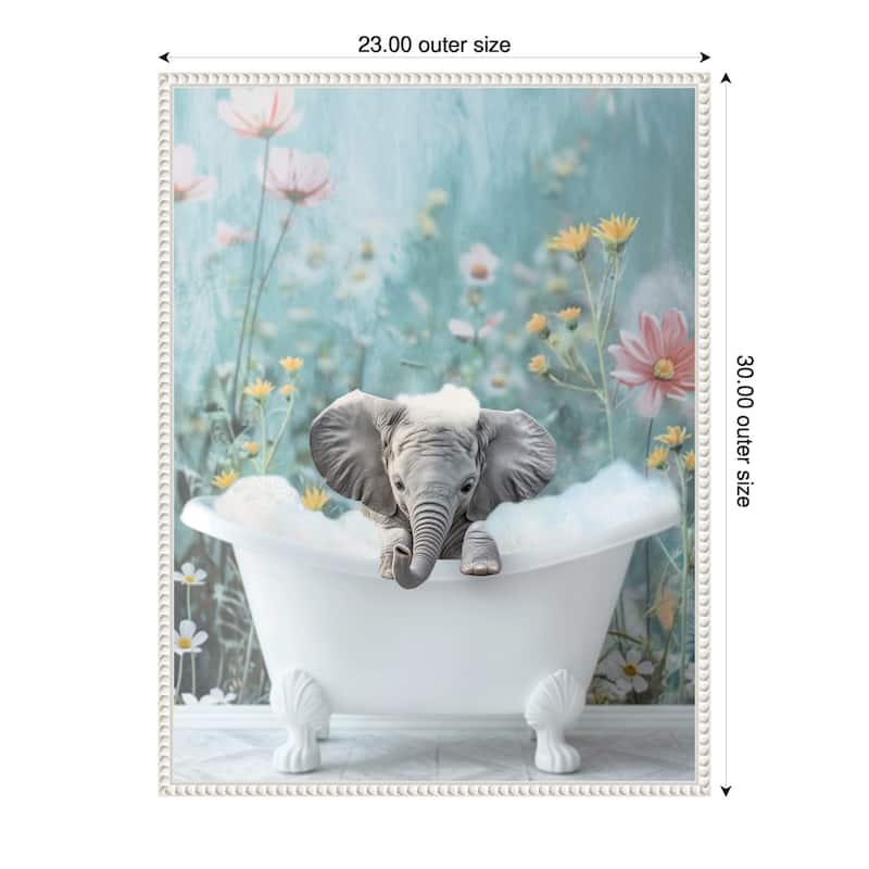 Blue Blossom Elephant Bath by Niky Rahner Framed Canvas Wall Art - 23 x 30 in