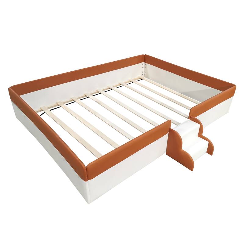 Kids Floor Bed with Fence, PU Upholstered Daybed Frame, Wood Slat Panel Bed w/ Small Stairs for Kids Girls Boys
