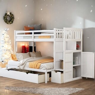 Modern Twin over Full/Twin Bunk Bed with Storage Shelves and Drawers, Convertible Bottom Bed, Kid-friendly, White