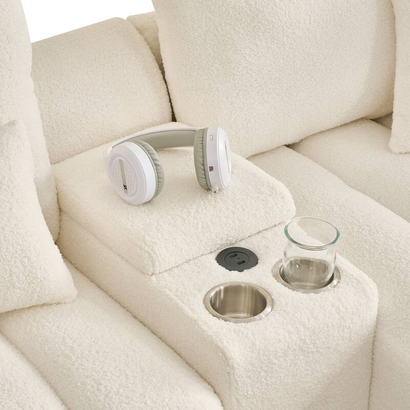 91.7" Modern Teddy Sectional Sofa with Storage Console, USB Ports & Cup Holders, Upholstered L-Shaped Couch with Chaise Lounges