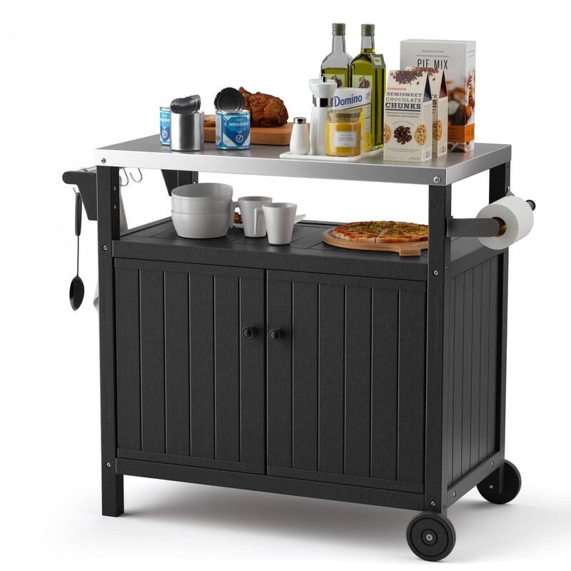 HDPE Portable Outdoor Grill Cart, Waterproof BBQ Prep Table, 304 Stainless Steel Top, Camping Cart 42.12" L x 20.71" W, Black - Black