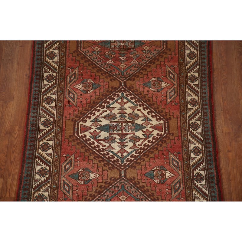 Red Ardebil Persian Vintage Runner Rug Handmade Hallway Wool Carpet - 3'3"x 9'3"