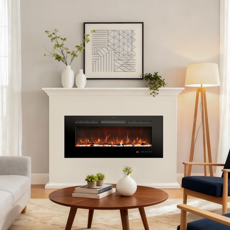 50" Recessed Wall Mounted Linear Electric Fireplace with Remote and Timer, 13 Adjustable Flame Color