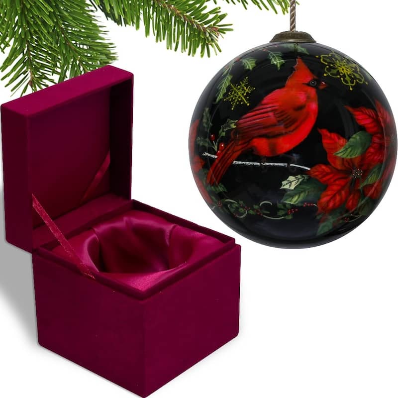 Glossy Red Cardinal Hand Painted Mouth Blown Glass Ornament - 4" x 4" x 4"