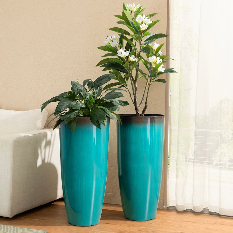 Glitzhome 30"H Set of 2 Tall Plastic Planter Large Flower Pots with Gradient Cobalt Blue / Turquoise Faux Ceramic Finish - Gradient Turquoise