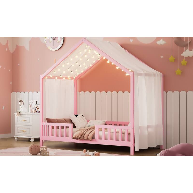 House-Shaped Twin Bed with Canopy and Railings for Kids, Pink Wooden Toddler Bed Frame