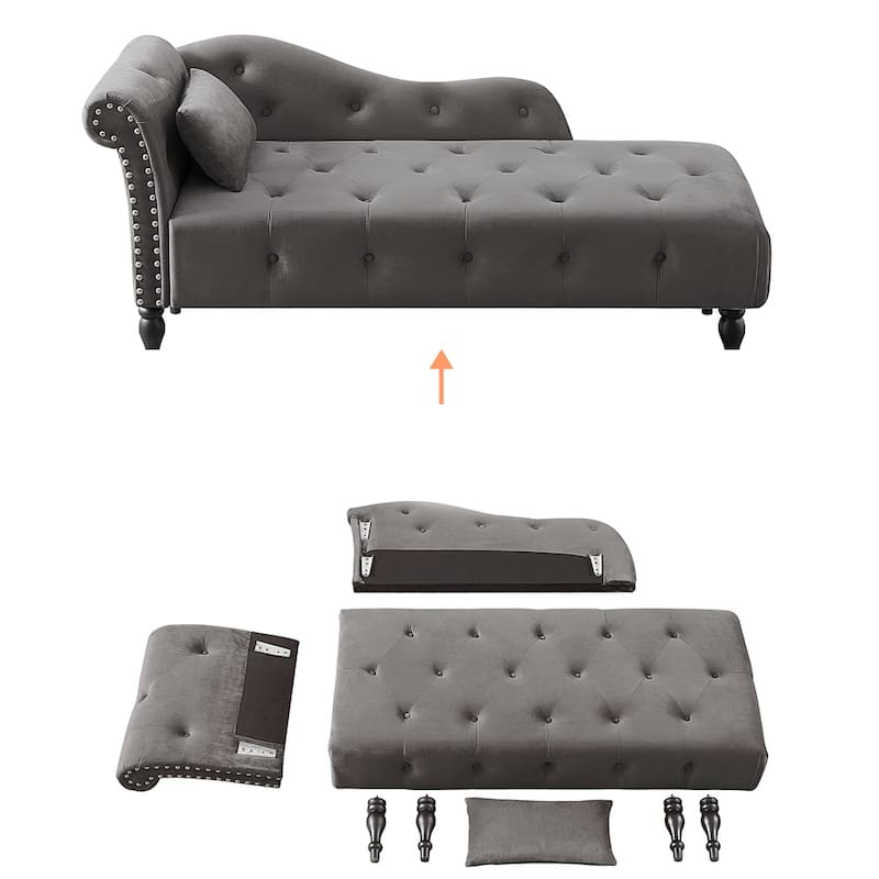 60"W Velvet Chaise Lounge, Tufted with Pillow & Nailhead Decorate - 60.6W" x 27.5D" x 28.3"H