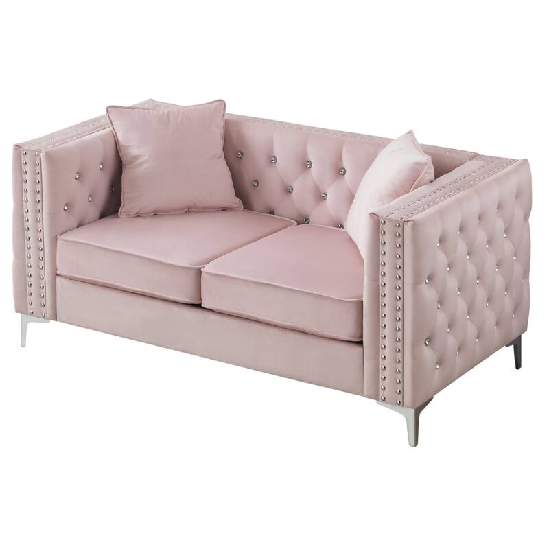 Jewel Tufted Nailhead Trim 2-Seater Sofa with Throw Pillows - 63" - Pink