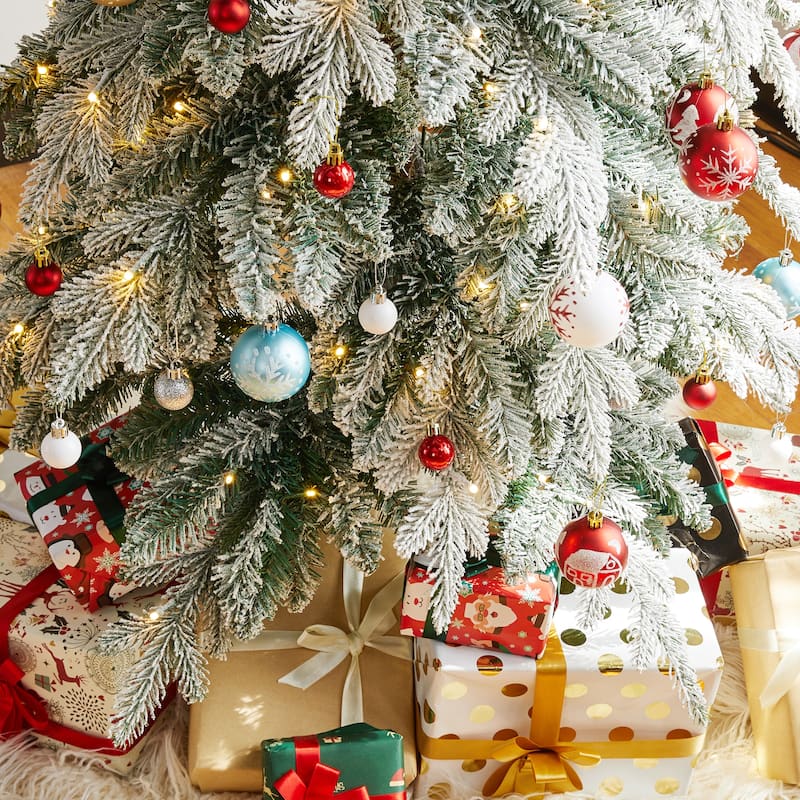 Glitzhome Pre-Lit Flocked Pencil Spruce Artificial Christmas Tree with Warm White Lights