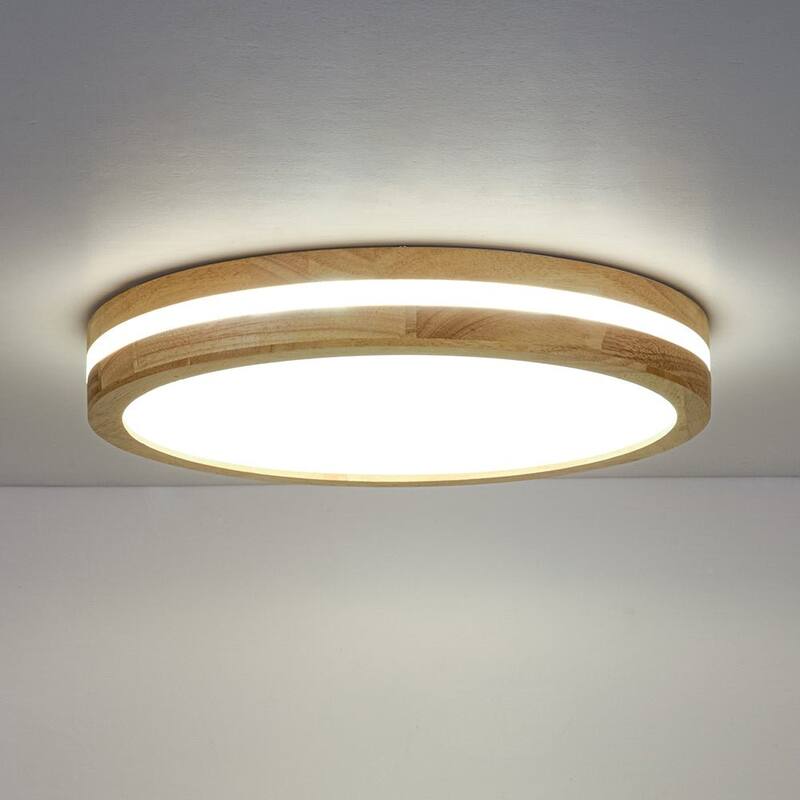 Coastal-style Circular Nested Halo Wood Dimmable LED Flush Mount - 15.7 in