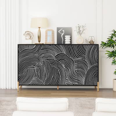 Carved 4-Door Sideboard Buffet Cabinet with Adjustable Shelves, Press-Open Doors for Living Room, Bedroom, Dining, Black