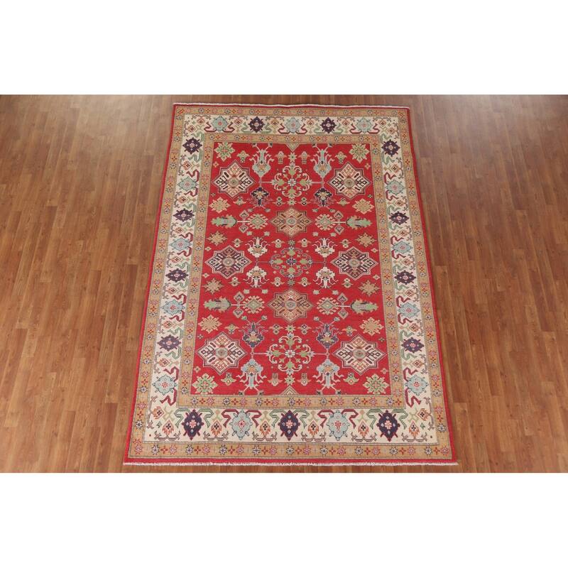Hand Knotted Oriental 100% Wool Carpet Traditional All-Over Red Kazak Area Rug - 9' 6'' X 6' 8''