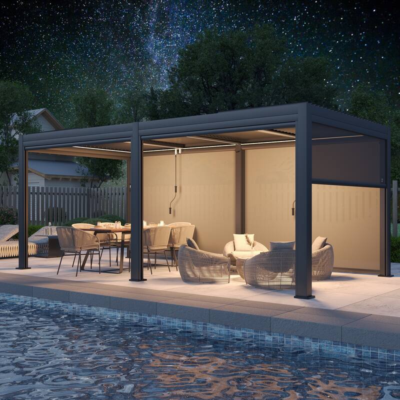 EROMMY Outdoor Louvered Pergola Gazebo with Adjustable Aluminum Rainproof Roof and Pull-Down Screen