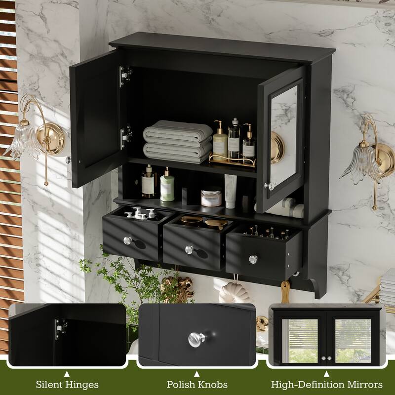 24" Wall Mounted 4-in-1 Bathroom Mirror Cabinet with Drawers & Hooks, High-Definition Medicine Cabinet with Storage for Vanity