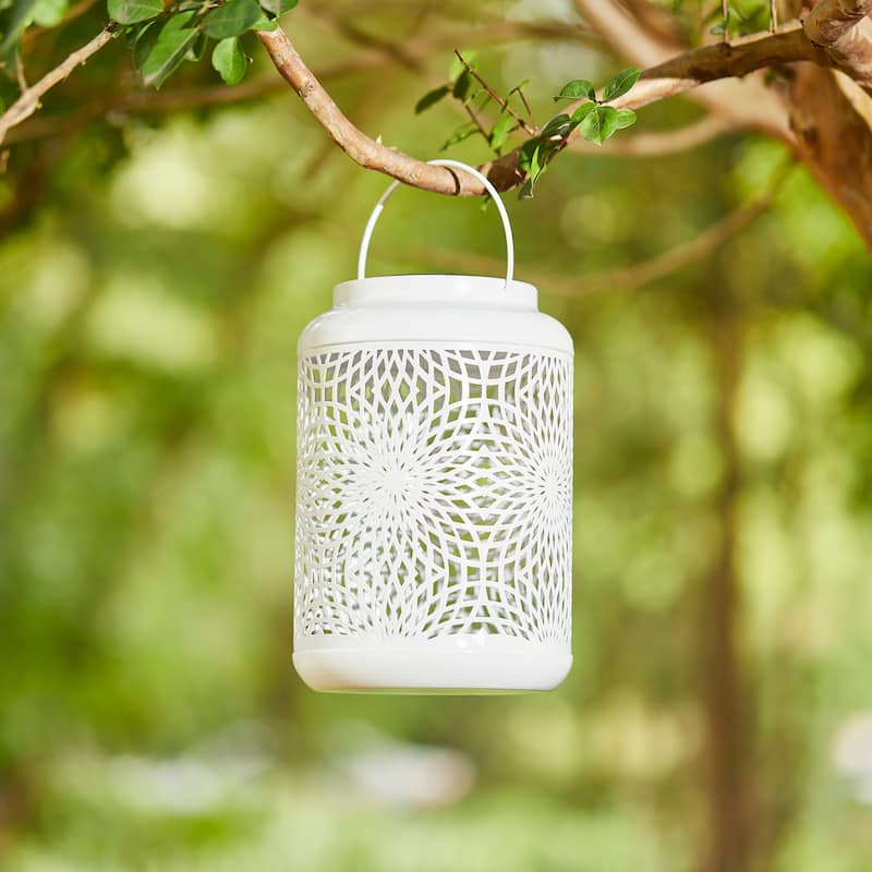 Glitzhome 8.75"H Outdoor Waterproof Metal Solar Hanging Lantern with Flower Leaves Decor