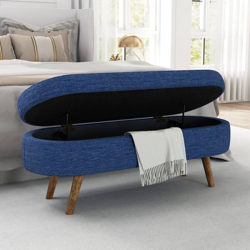 Upholstered Bench with Rubberwood Legs Entry Ottoman Seat, Exquisite Storage Stool Decorative Stool with Flipping Lid