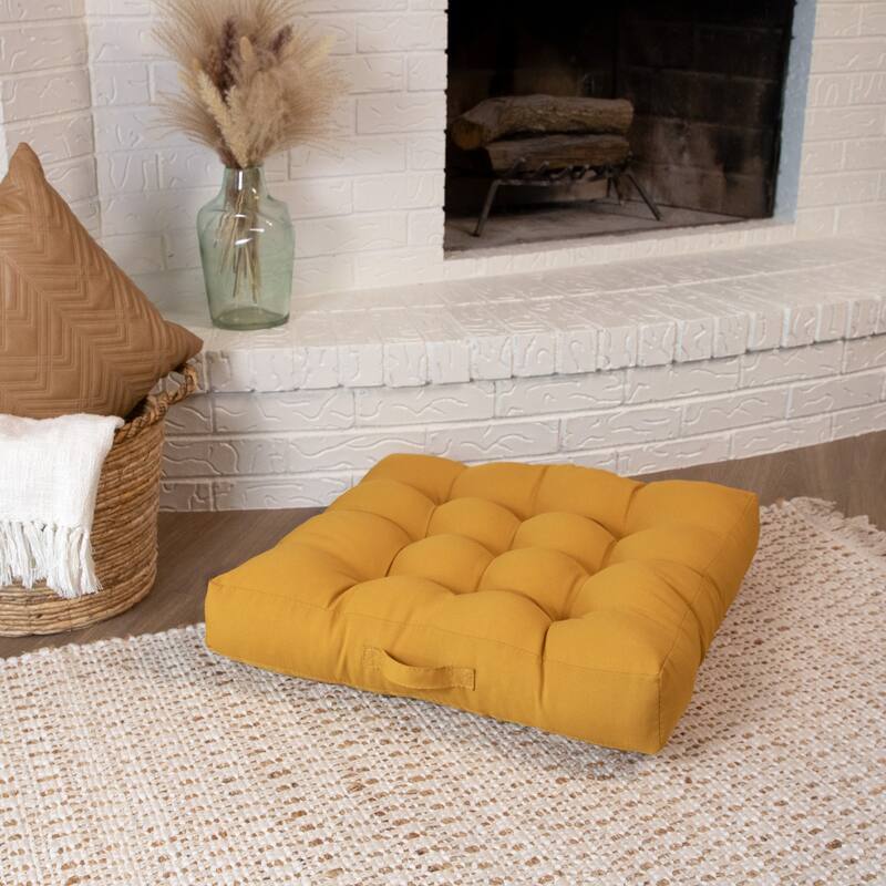 Sorra Home Solid Square Tufted Floor Pillow with Handle - Mustard