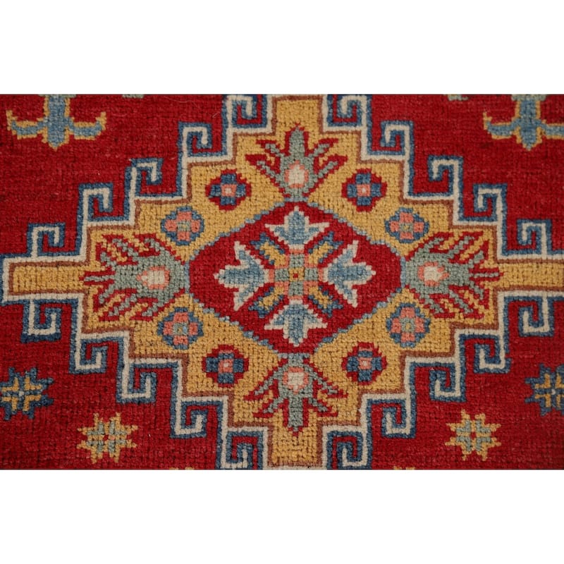 Kazak Oriental Runner Rug Hand-Knotted Red Geometric Wool Carpet - 2'8" x 9'9"