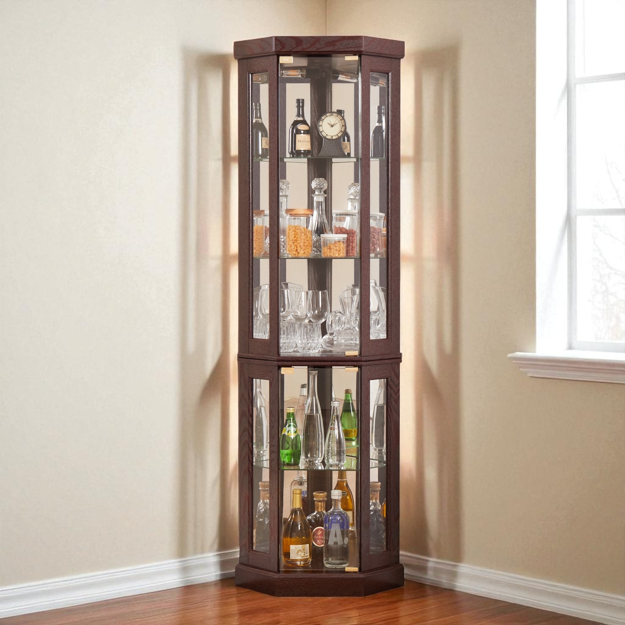 Corner Lighted Glass Curio Cabinet with Adjustable Shelves, Mirrored Back and Display Doors