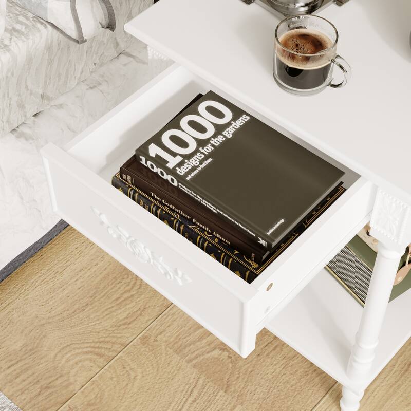 Vintage End Table with Drawer and Shelf, French Style Nightstand with Solid Wood Legs, White Accent Table