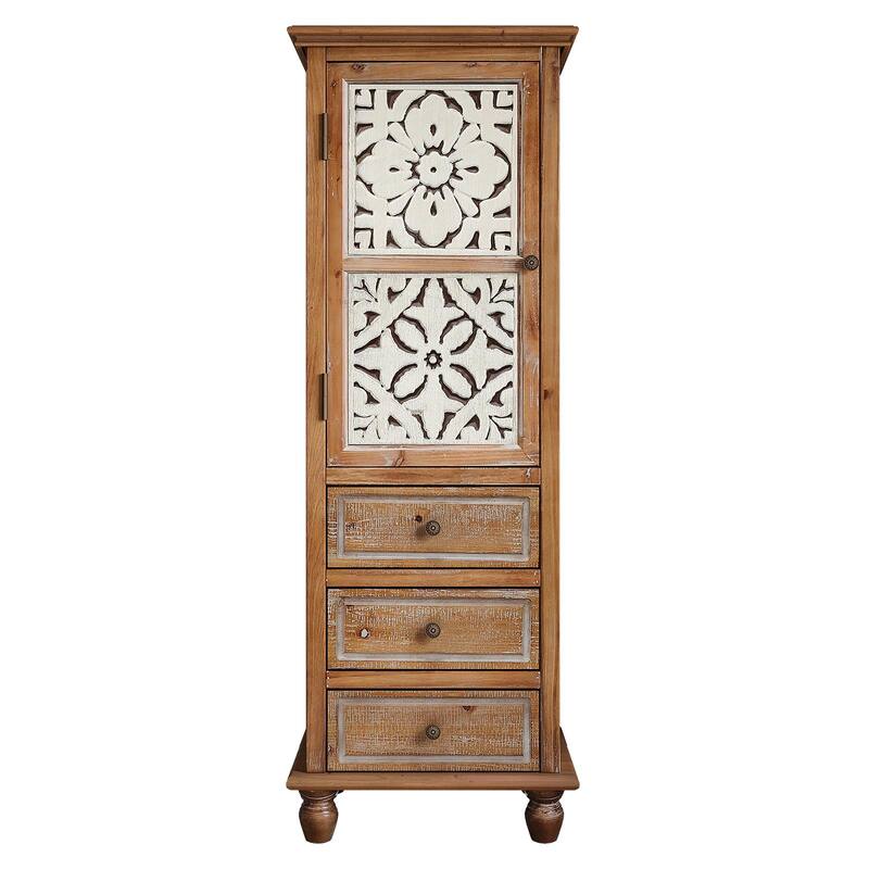 Rustic Wooden Storage Cabinet with Decorative Cutout Door & 3 Drawers, Tall Narrow Organizer for Living Room, Bedroom