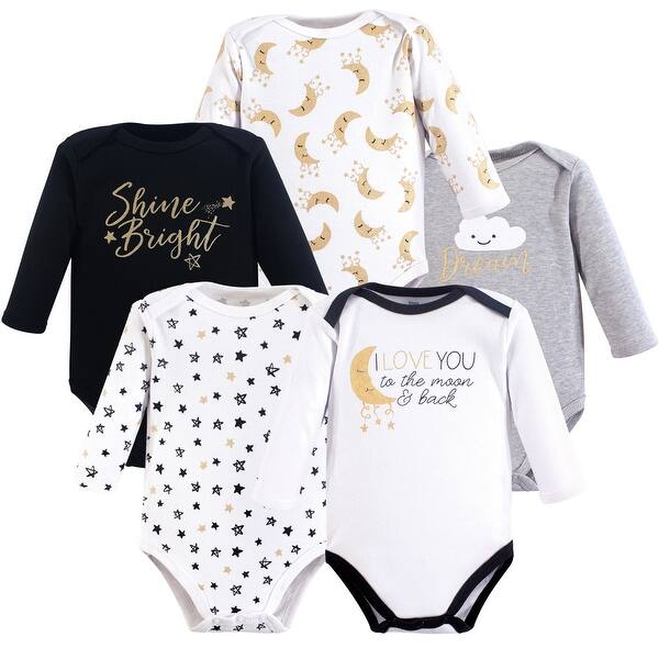 slide 1 of 1, Yoga Sprout Cotton Long-Sleeve Bodysuits 5pk, Metallic Moon 0-3 Months - Metallic Moon Long-Sleeve