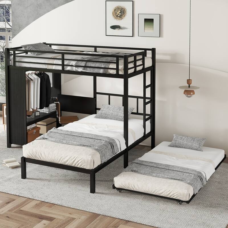 Roomfitters Twin/Full/Queen Metal Bunk Bed with Built-in Wardrobe, Trundle & Foldable Desk, Noise-Reduced Design, Black