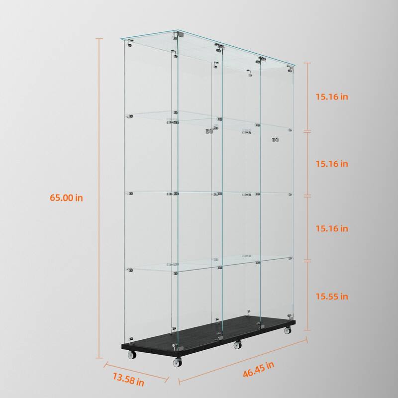 Tempered Glass Display Cabinet, File Cabinet with Bluetooth LED Light Strips,Tempered Glass Top, Lock on Door Wheels