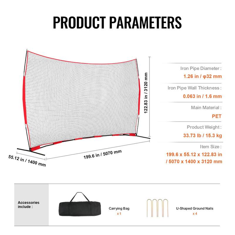 16 x 10 Feet Portable Sports Barrier Netting with Powder Coated Steel Pipe Base and Carry Bag