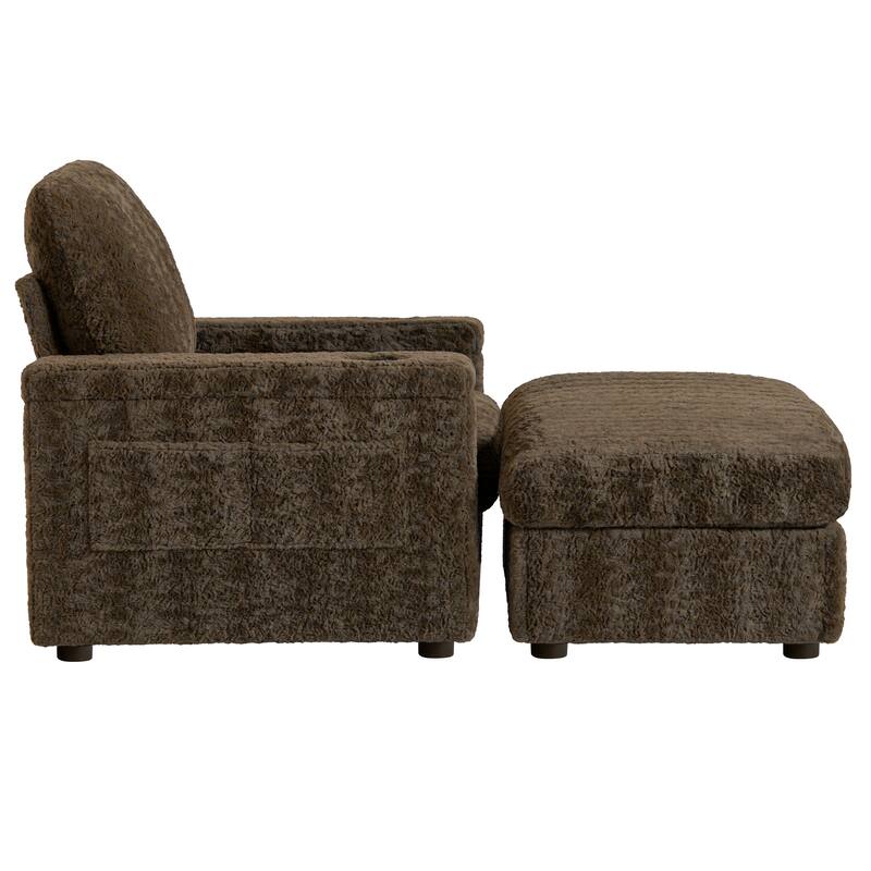 2-Piece Oversized Accent Chair & Ottoman Sets, Single Sofa Reading Couch Chaise Lounge with Storage Ottoman & Cup Holders