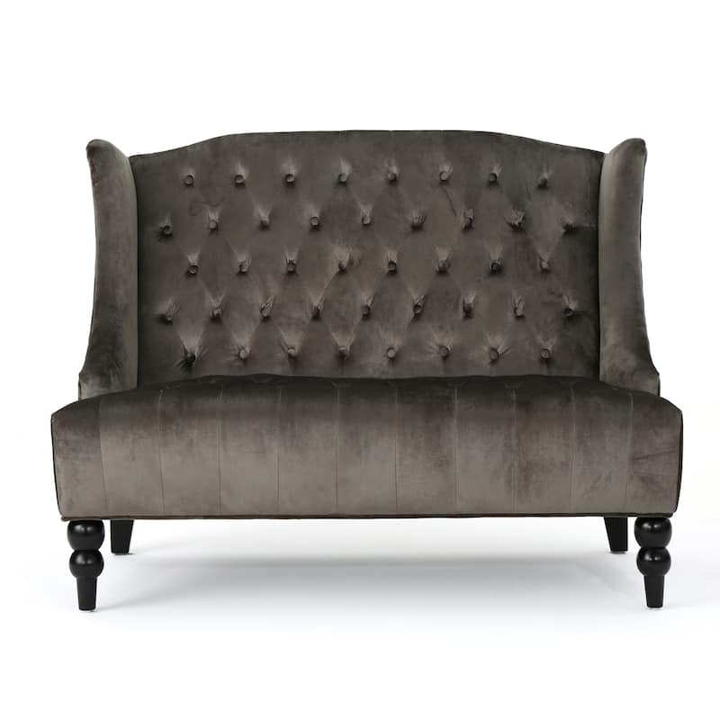 Grey Velvet Button Tufted High Wingback Loveseat Sofa
