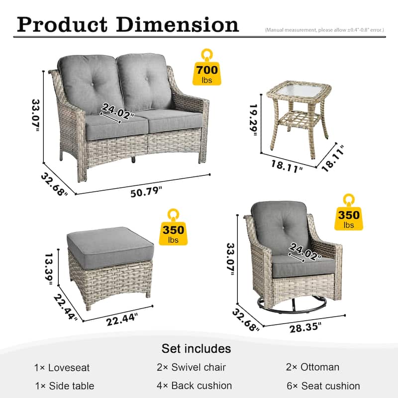 HOOOWOOO 6-piece Wicker Furniture Patio Loveseat Sofa Conversation Set with Swivel Chair