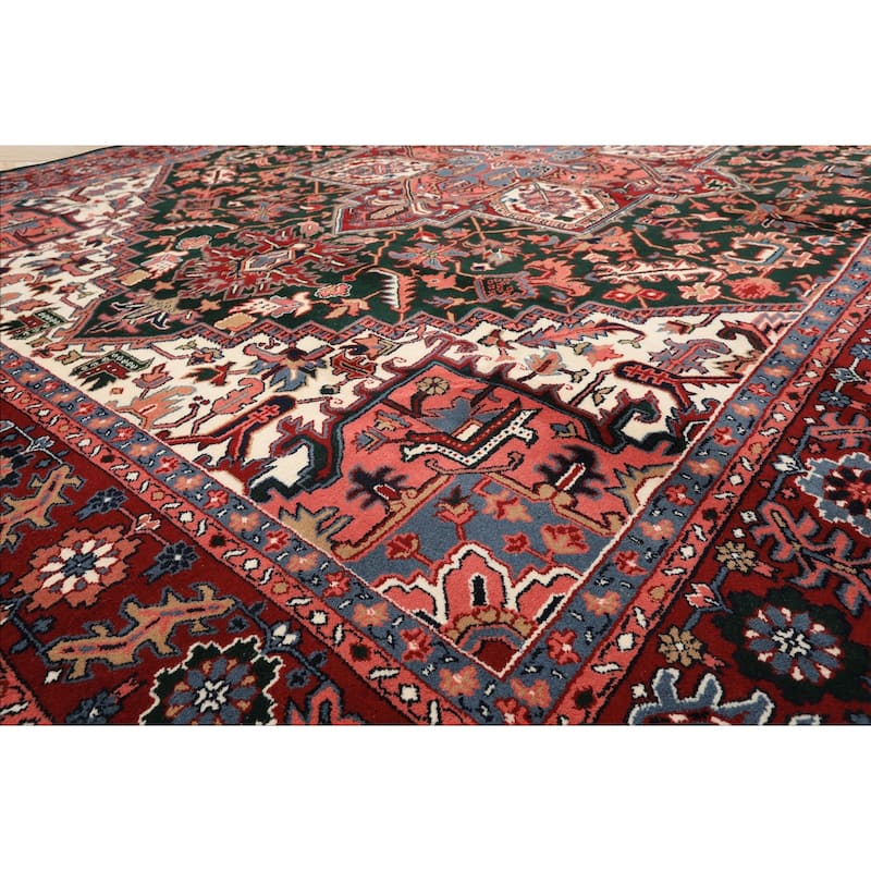 8'10''x11'11'' Hand Knotted Wool Green Heriz Traditional Medallion Area Rug - 8' 10'' x 11' 11''