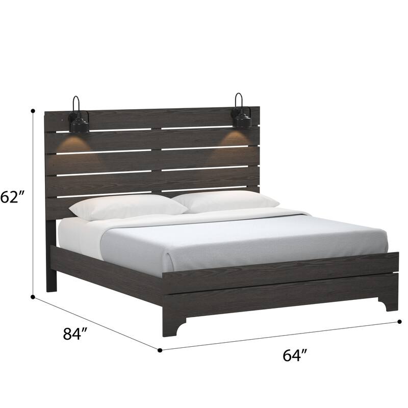 Queen Size Engineered Wood Modern Panel Bed with Built-In Lights