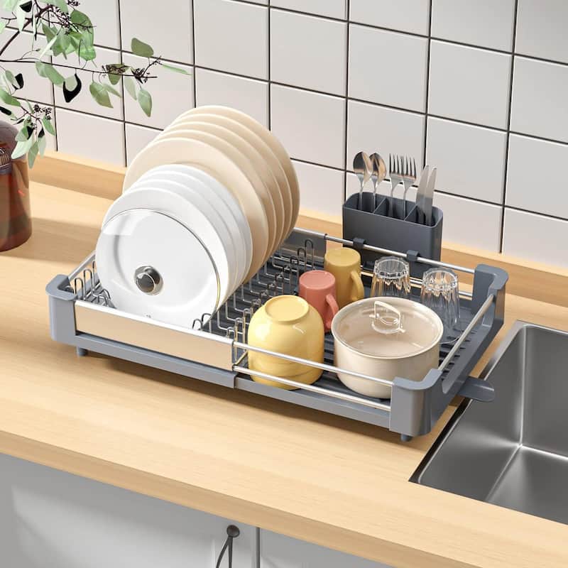 Dish Drying Rack for Kitchen Counter, Extendable Dish Rack with Drainboard