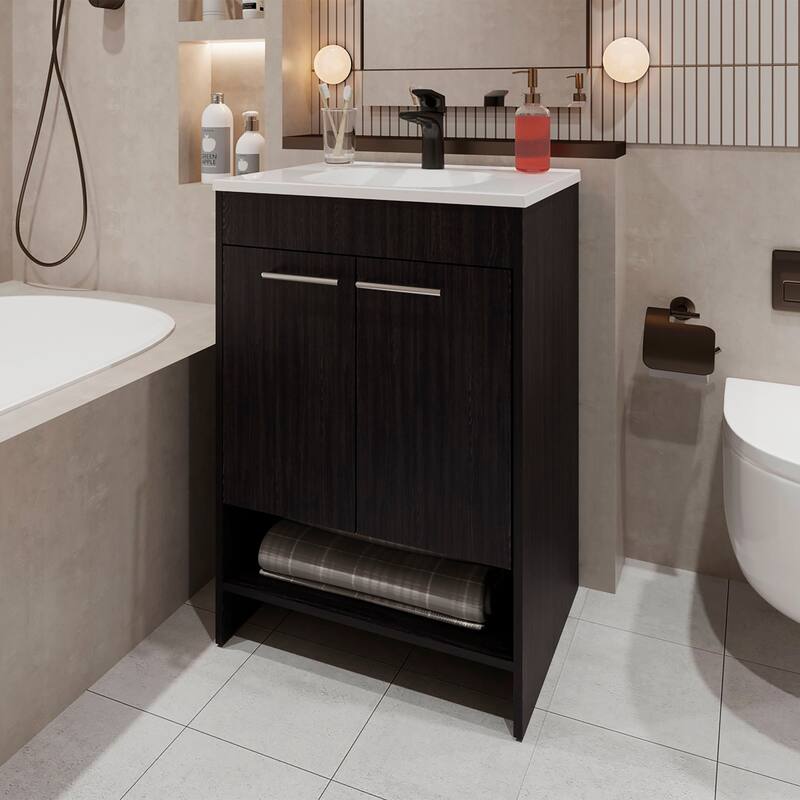 Shell Bathroom Vanity with 2 Doors and Open Storage - Brown