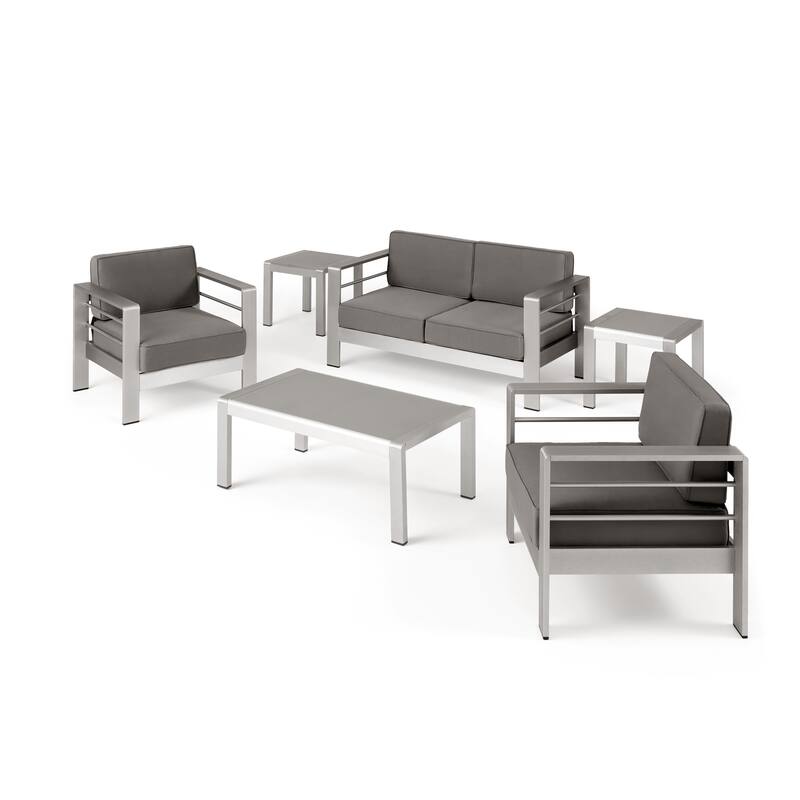 Cape Coral Outdoor 4 Seater Aluminum Chat Set with 2 Side Tables by Christopher Knight Home - Silver+Khaki