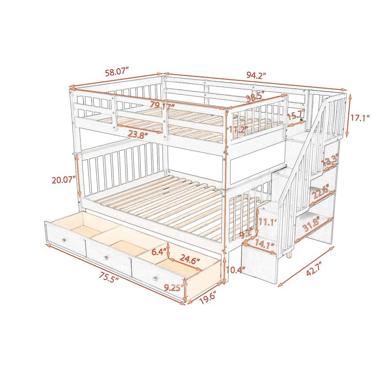 Full Over Full Bunk Bed with Stairs, Storage and Safety Guard Rail
