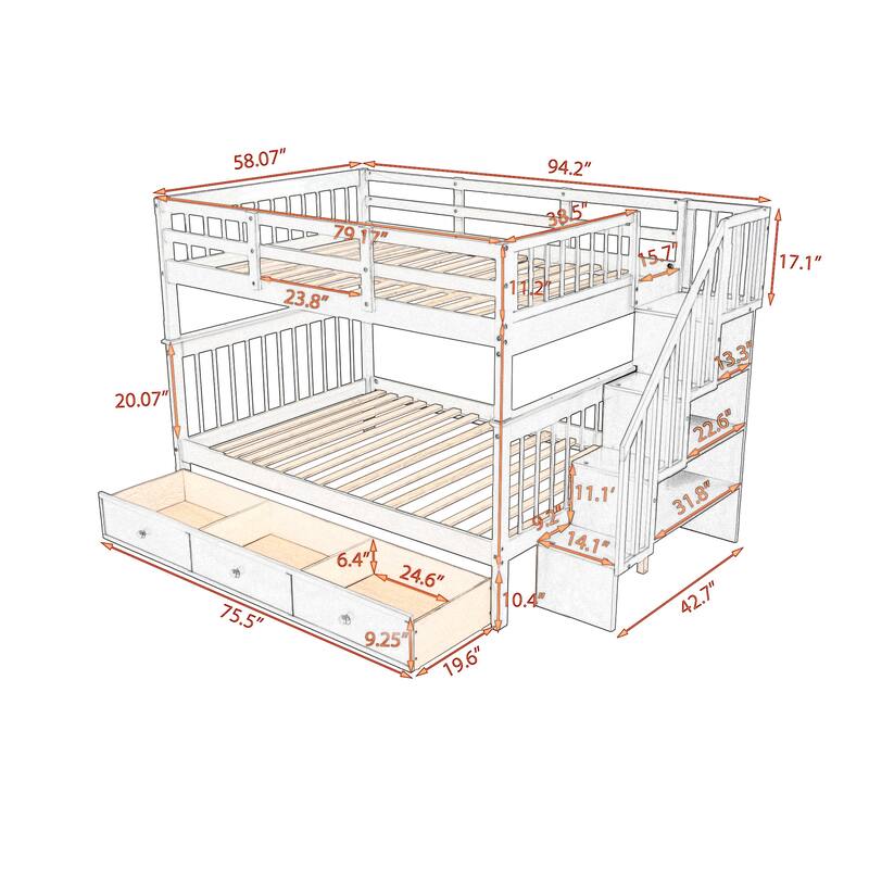 Wooden Stairway Bunk Beds with 3 Under Bed Drawers and Guard Rail