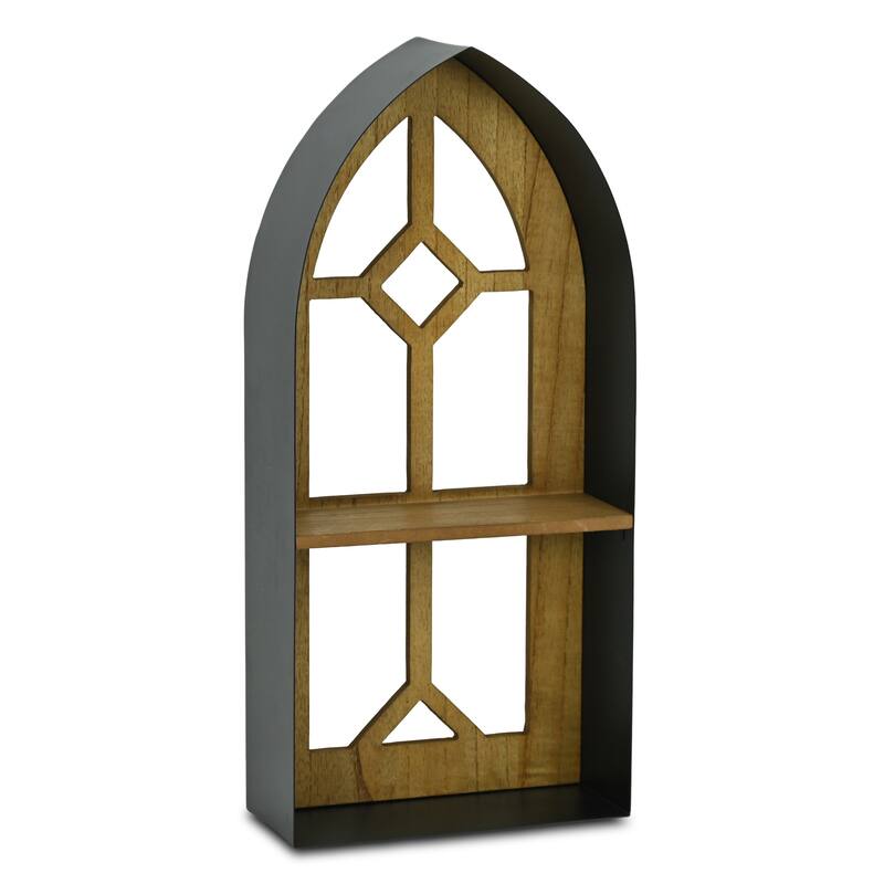 Meliora Cathdral Window Metal & Wood 2 Tier Wall Shelf