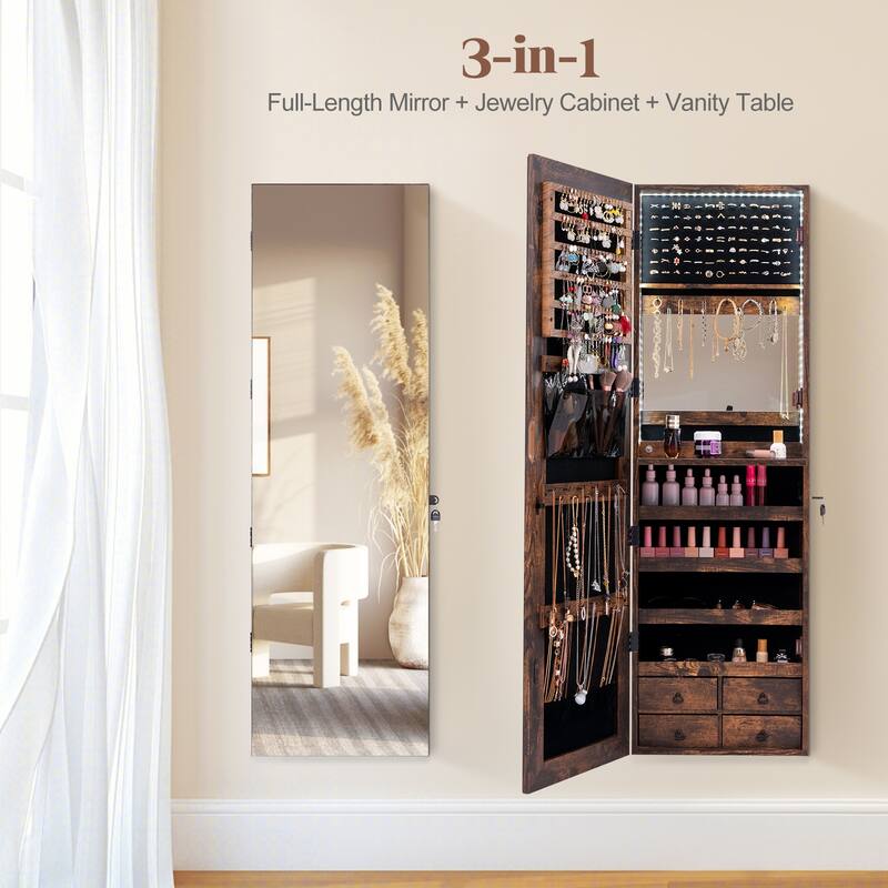 4 Drawers Multipurpose Jewelry Storage Cabinet with LED Light Dropleaf Board and Full-Length Mirror